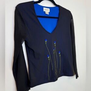 Moth Black Long Sleeve Top with Blue Embroidery
